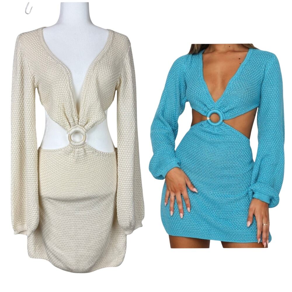 White Fox Boutique Cutout Knit Mini Dress - Cream & Turquoise